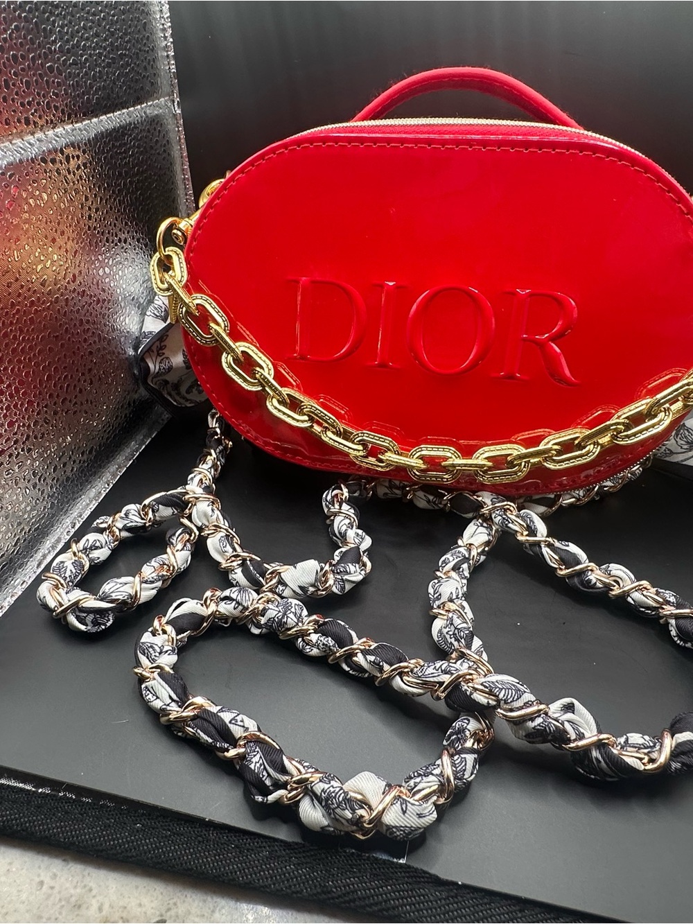 Dior Red Patent Oval Mini Crossbody with Gold Chain